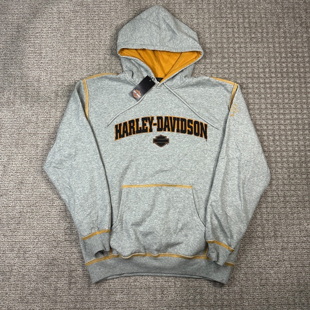 NWT Harley-Davidson Mens Hoodie Grey Orange Embroidered Logo Sweatshirt M